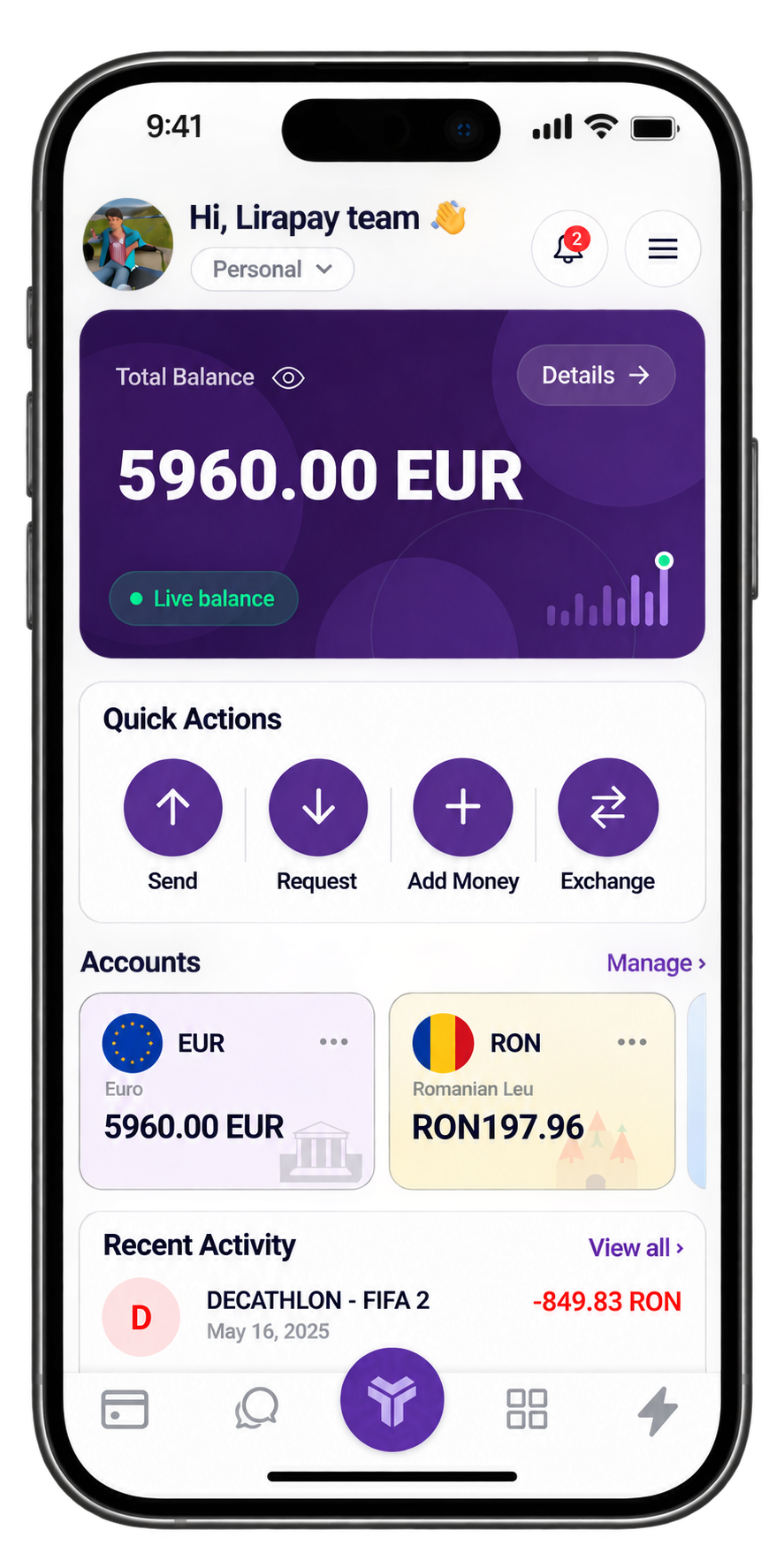 LiraPay home dashboard showing balance and quick actions